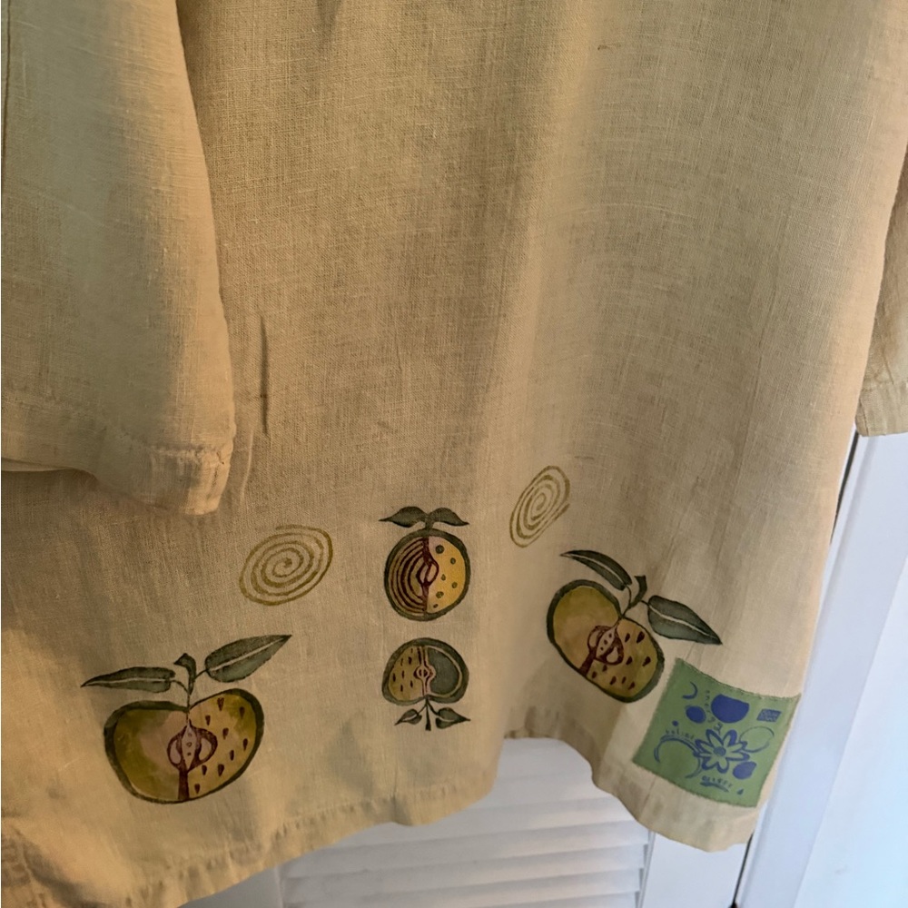 Blue Fish Hemp Linen Duster Jacket Dress Button Down Hand Paint Apples 1999 - Picture 7 of 16